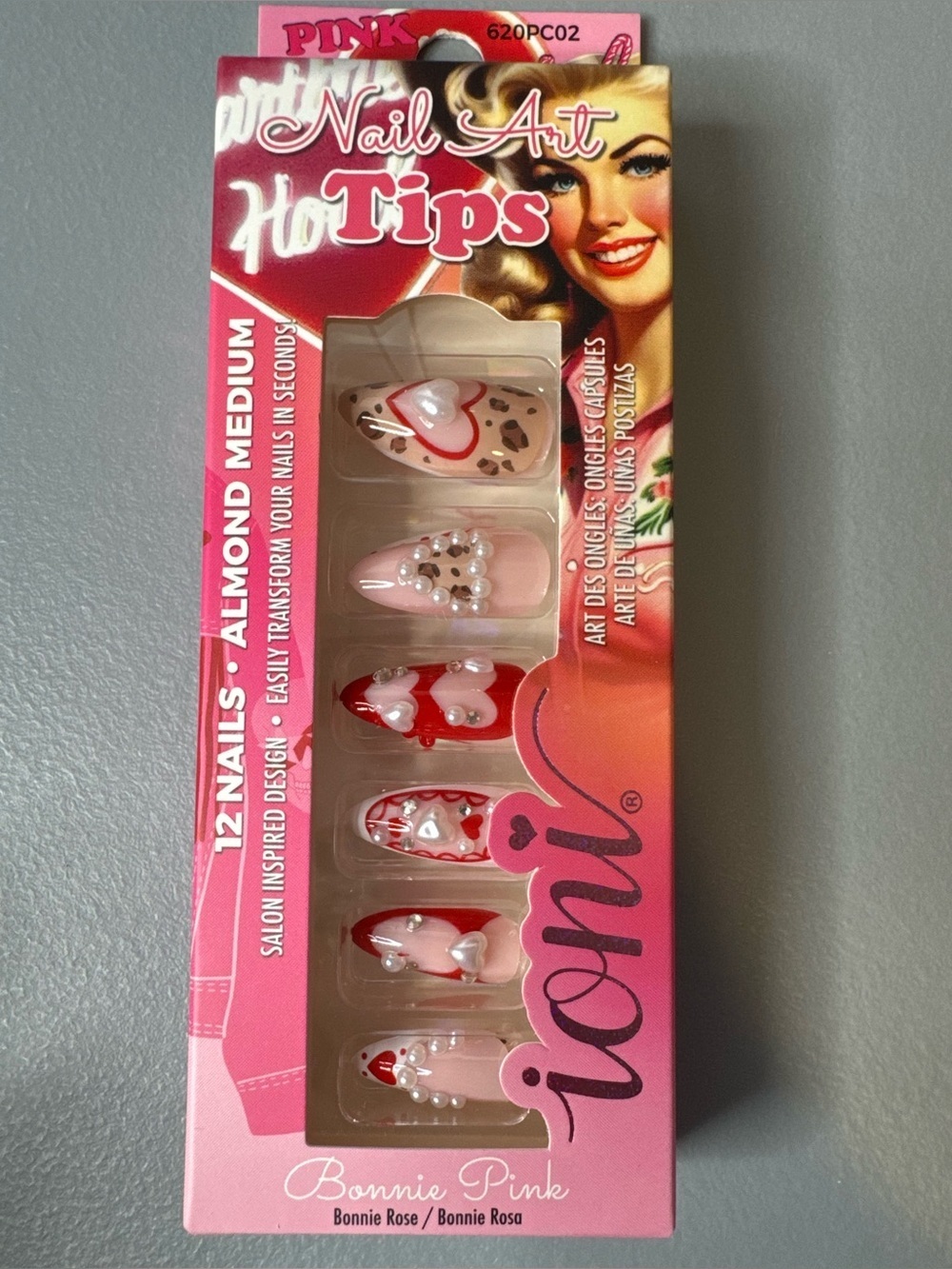Bonnie Pink Heart & Rhinestone Press-On Nails - Almond Medium 3d accents hearts